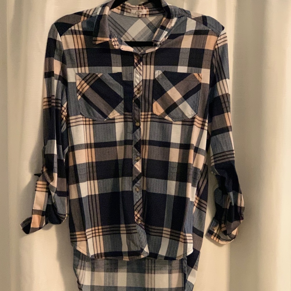 Pink Blue & White Plaid Flannel Shirt